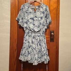 Fun, spring blue dress with a white floral pattern.
